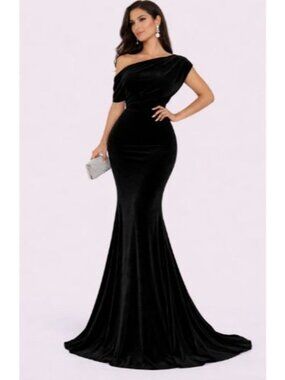 Black Velvet Maxi Dress Cowl Neck Short Sleeve Elegant Formal Size 8